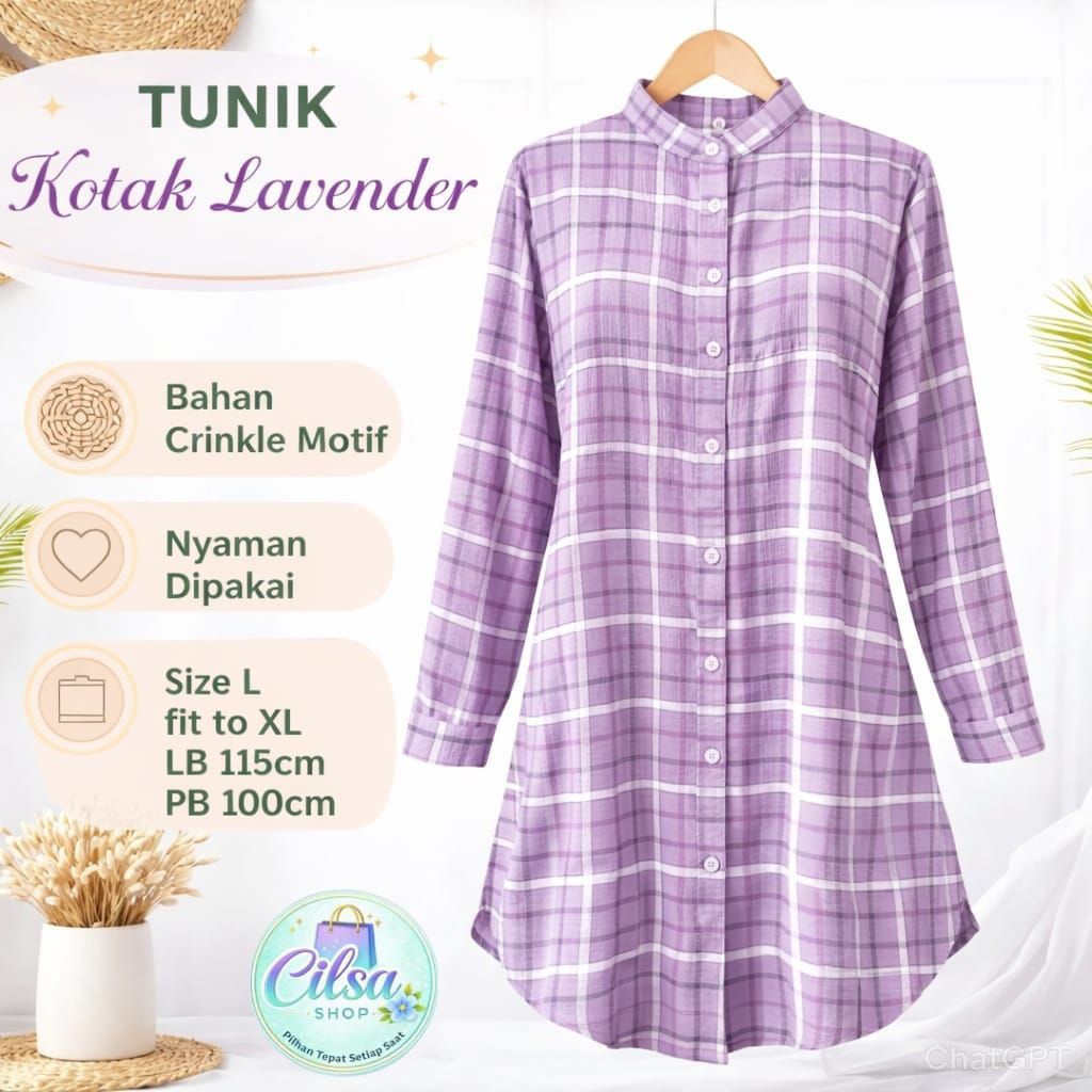 Tunik Muslimah Modern Kotak – Lengan Panjang, Bahan Adem, L Fit to XL