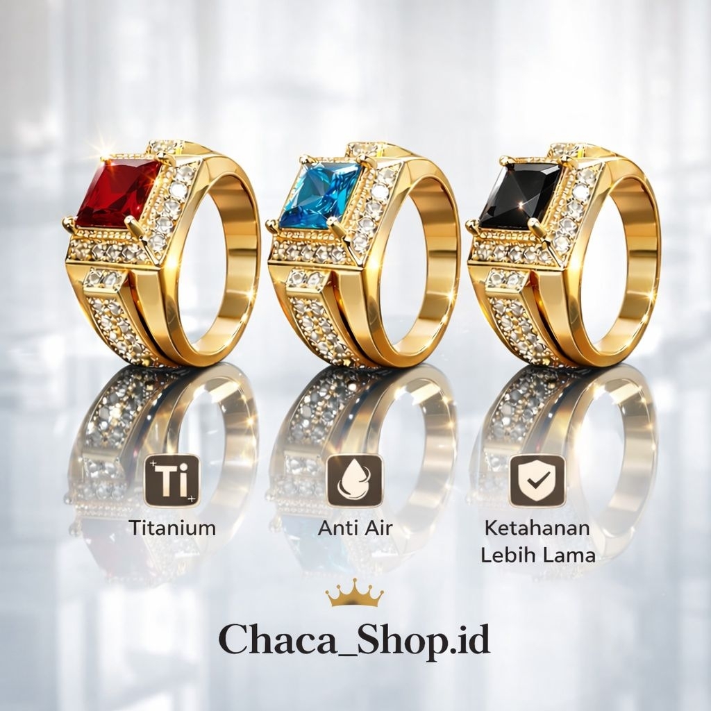 Cincin Batu Akik Permata Pria Dewasa - Cincin TITANIUM Batu Petak Kotak Ring Emas Gold gol