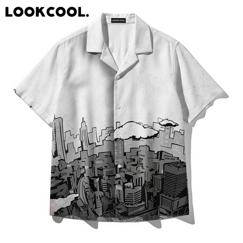 LOOKCOOL Kemeja White Urban Cityscape Sketch Lengan Pendek Premium