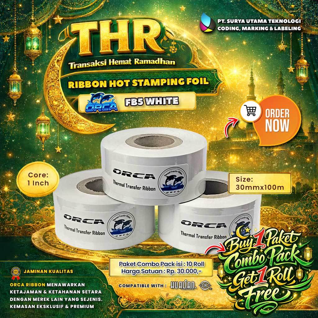 Ribbon Tape Hot Stamping Foil FB5 ORCA Putih Ukuran 30mm x 100m  Paket Combo Pita Tinta 10 Roll Free