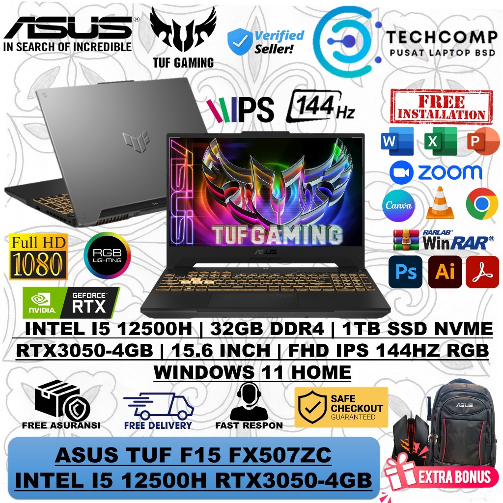 Laptop Gaming ASUS TUF 15 FX507ZC i5 12500H RTX3050-4GB 144HZ RAM 32GB 1TB SSD W11 ORIGINAL GREY
