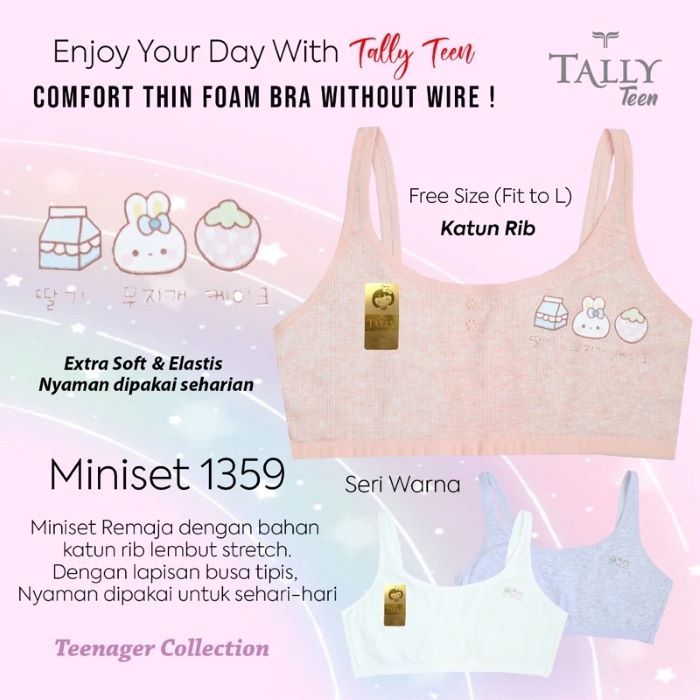 3 Pcs Tally M 1359 Miniset Anak Remaja Tanpa Busa Bahan Katun Rib Fit L/ Minibra Step 1 Soft Elastis