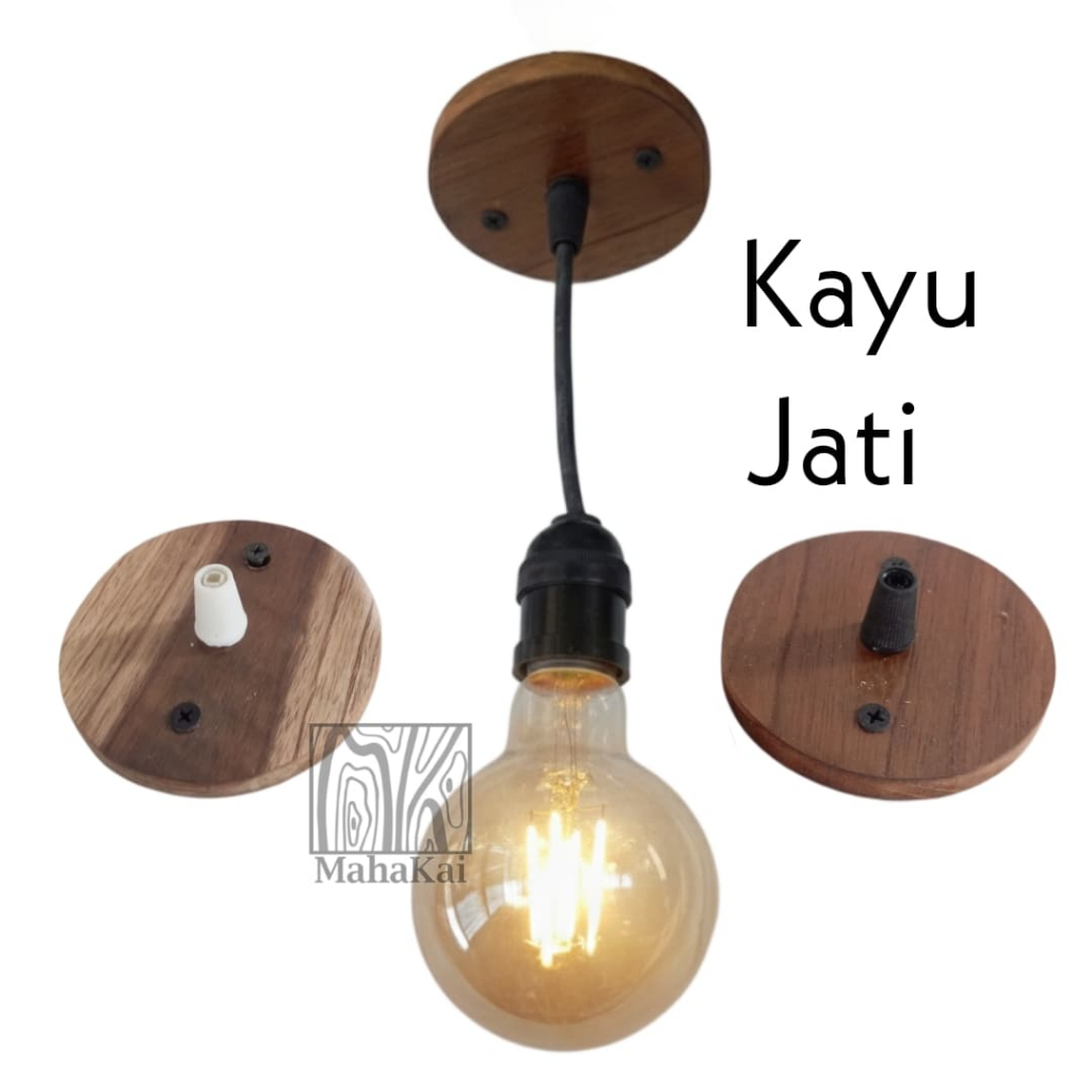 Dudukan kaitan lampu gantung plafon bulat kayu jati asli 8cm hanger jepitan kabel atas pengait fitti