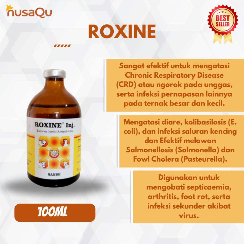 ROXINE Injeksi 100 mL - Obat Antibiotik Spektrum Luas Sapi Kambing Unggas - Obat Infeksi Pernafasan