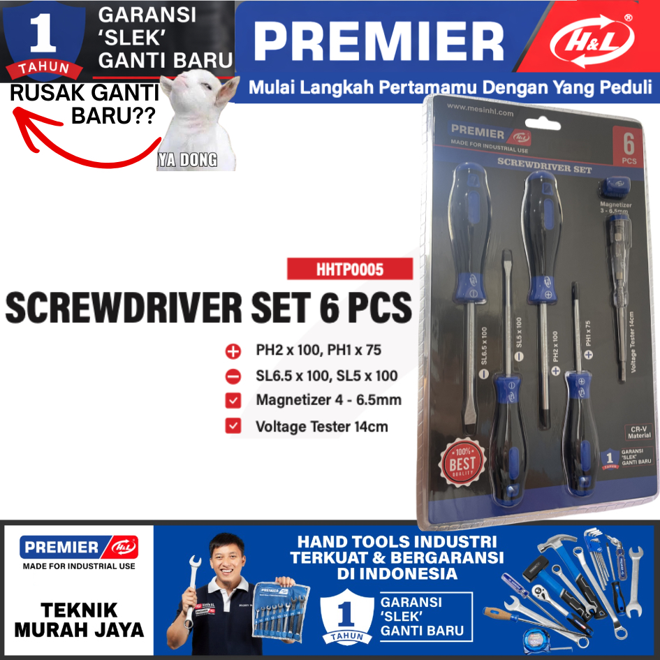HNL HL H&L PREMIER Obeng Magnet Set 6 Pcs Lengkap 6 IN 1 Screwdriver Plus Phillips + Minus Slotted -