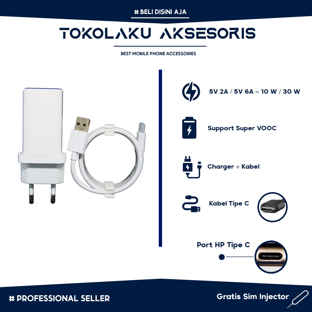 Charger Opo Reno 3 Reno 4 F17 Pro Super VOOC 30 Watt Original Casan Opo Tipe C 30 Watt Charger Opo R