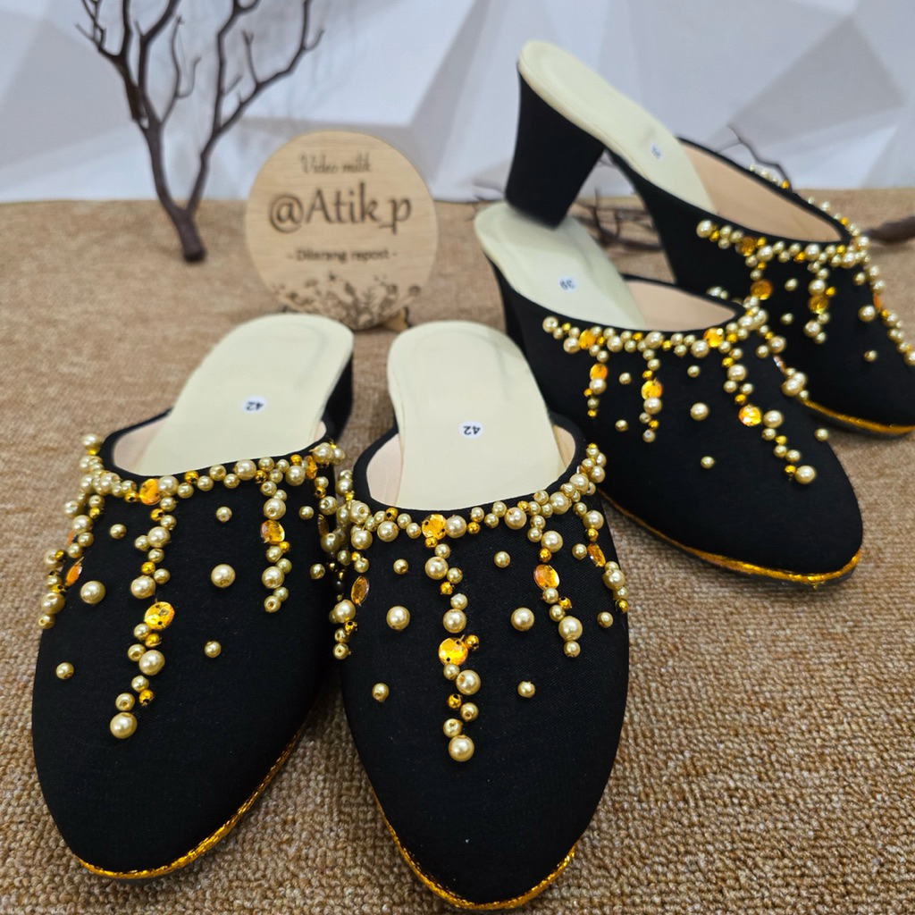 (Harga satuan) selop sendal pengantin Jawa hitam payet mutiara gold salur