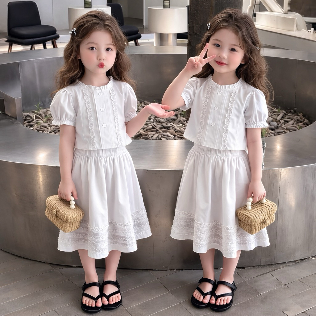 oneset setelan baju kemeja ruffle lebaran rok set putih anak perempuan elegant katun korea premium