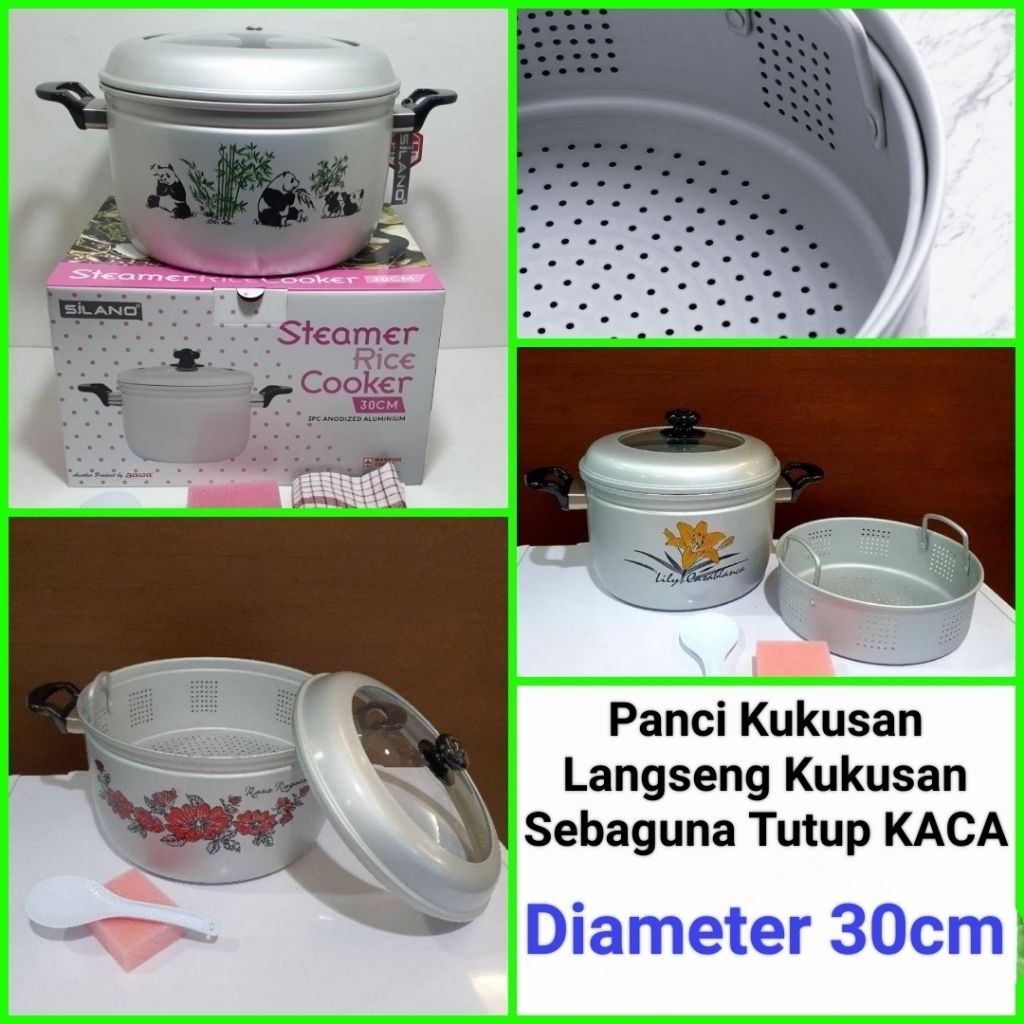 panci kukusan langseng kukusan alumunium panci serbaguna tutup kaca MASPION 30cm