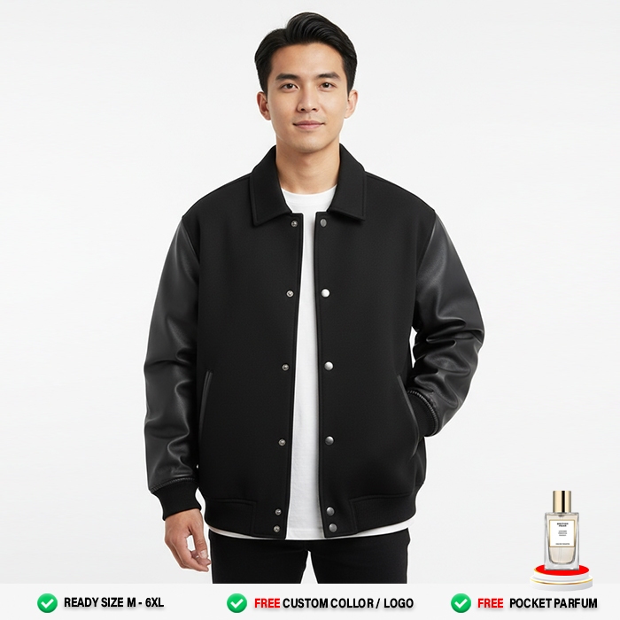 Jaket Varsity Pria Full Black Oversize | Lengan Kulit Leather | Bomber Baseball Unisex Kekinian S-6X