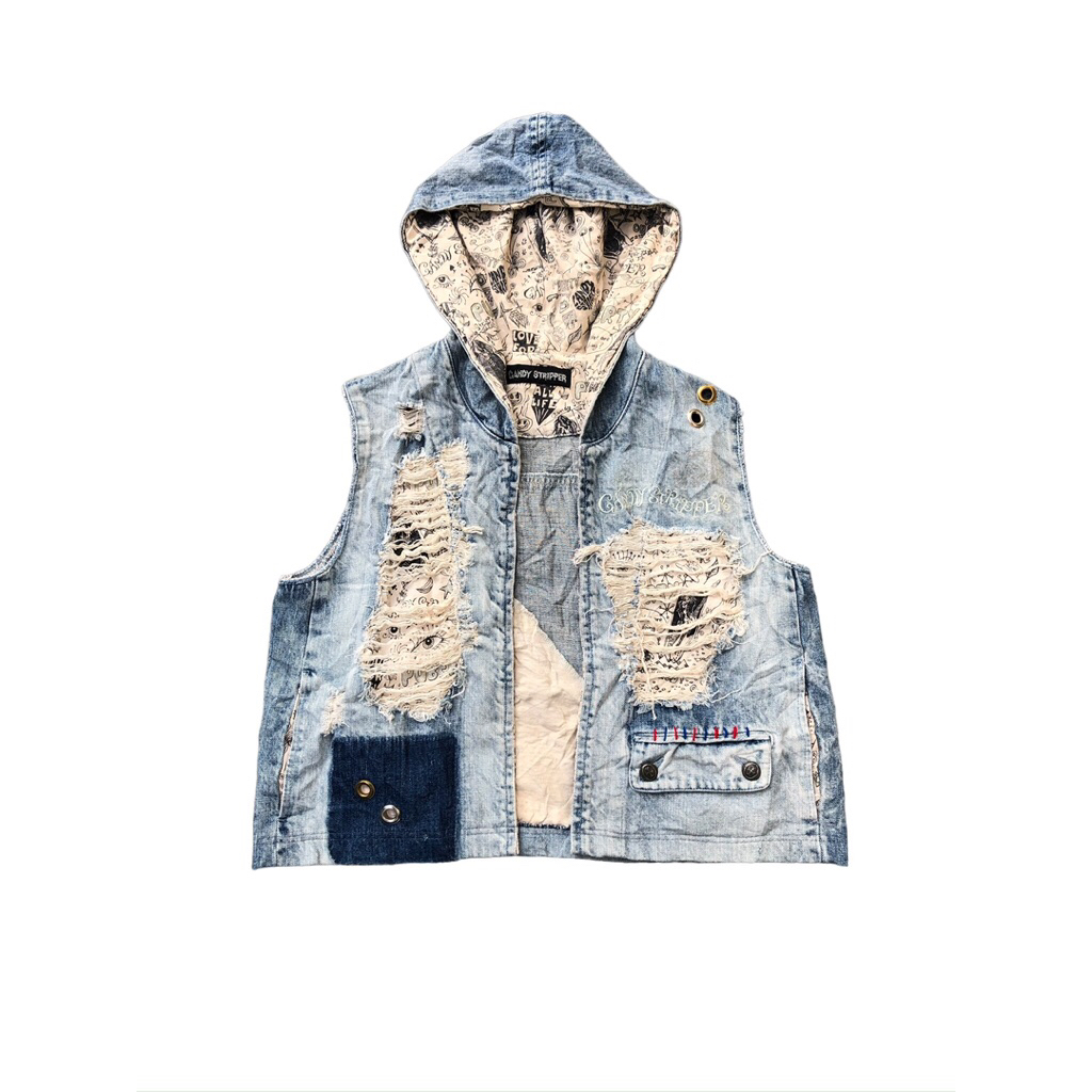 Candy Stripper Ripped Hoodie Vest Denim