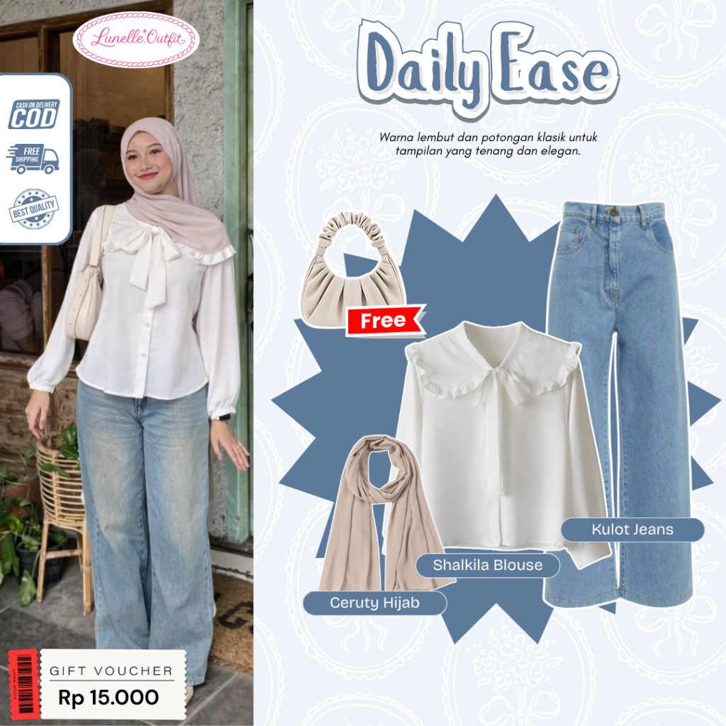 One Set 3in1 Wanita Simple & Classy (Blouse+Kulot Jeans+Ceruty Hijab+FREE Tas) OOTD Kekinian LO018