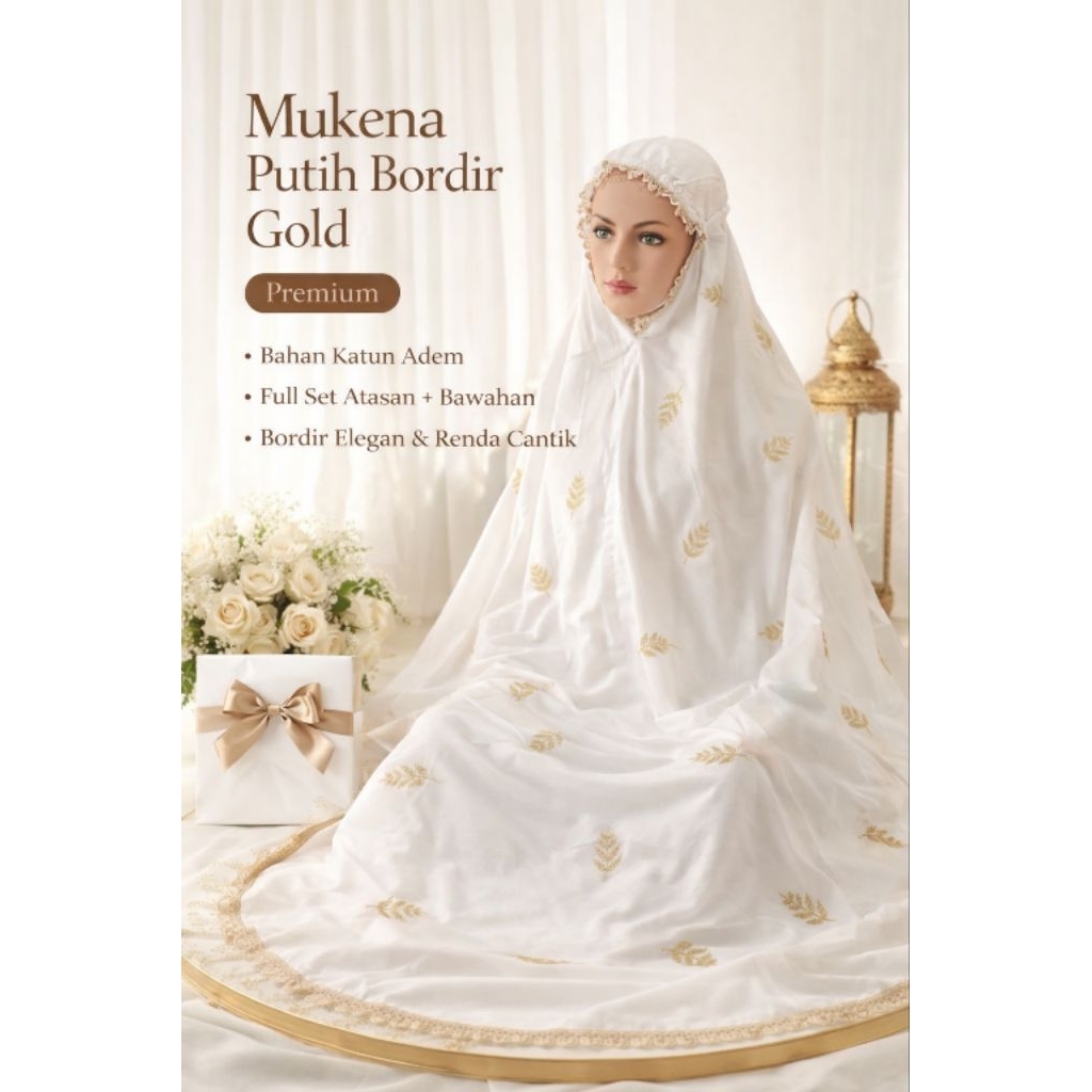 Mukena TERUSAN Dewasa - Adem, Nyaman, dan EleganMukena Putih Bordir Cemara Gold Premium | Mukena Dew