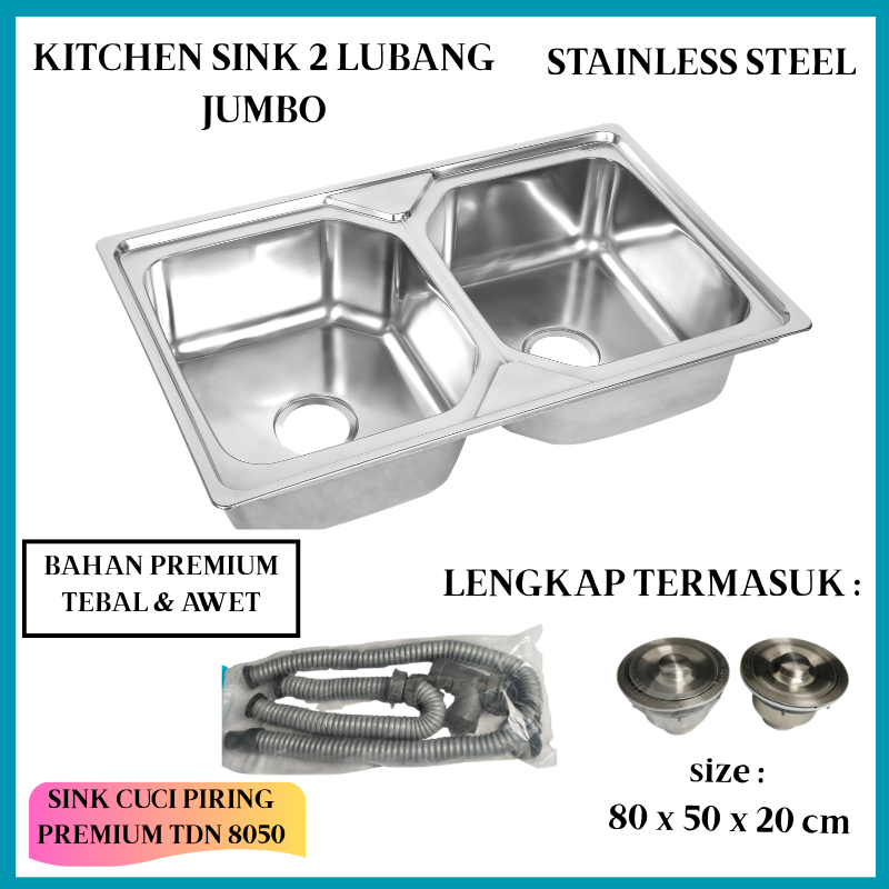 TEBAL TDN 8050 Kitchen Sink Stainless Steel 80x50cm Bak Wastafel Cuci Piring Dapur 2 Lubang Jumbo