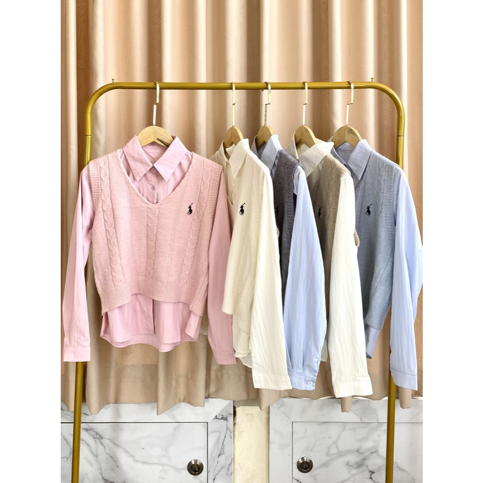 Kemeja Wanita Vest Rajut Preppy Style | Atasan Korea Set Rompi Knit Premium Casual Formal