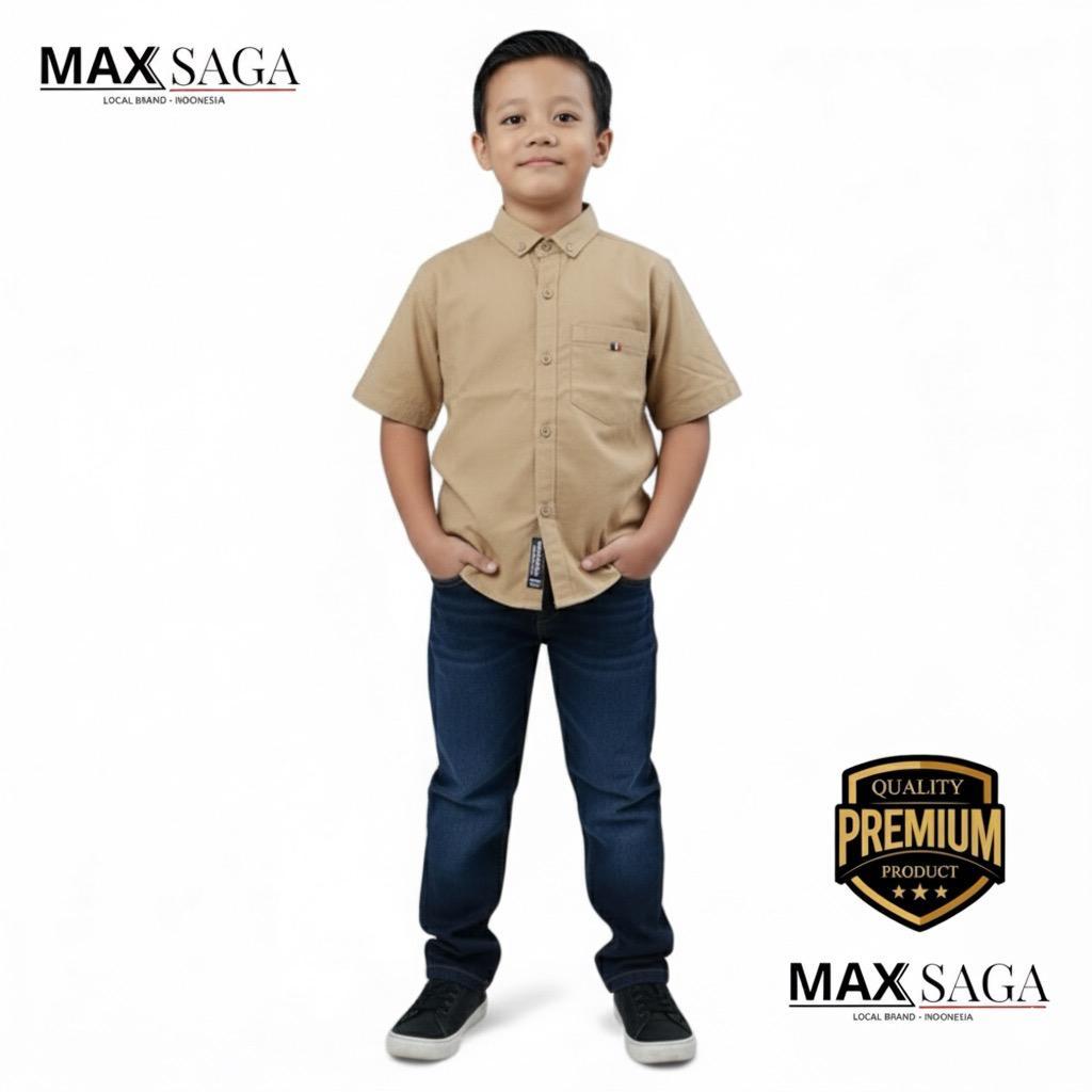 Setelan Kemeja Anak Laki-laki Lengan Pendek Motif Polos Celana Jeans 3-10 Tahun