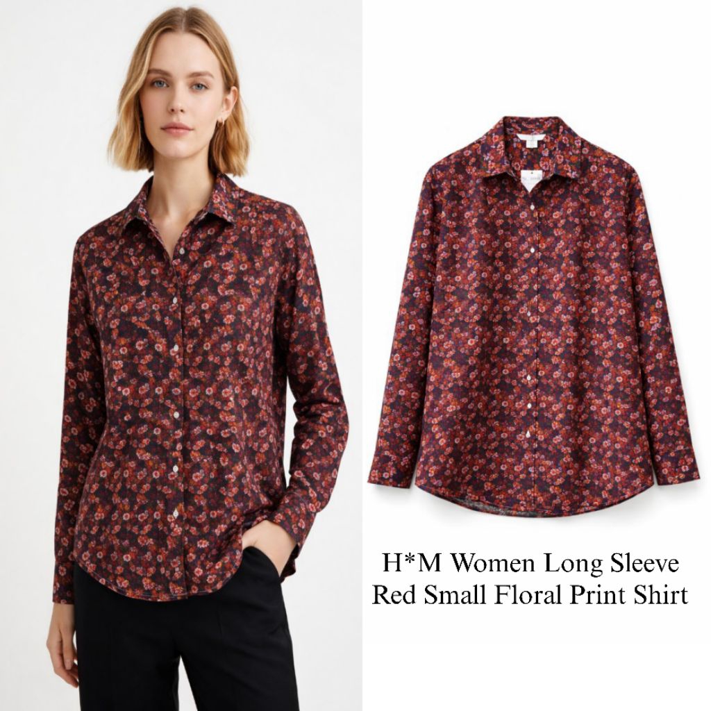 H*M Women Long Sleeve Red Small Floral Print Shirt/Kemeja Wanita Branded Fulltag/Kemeja Terbaru