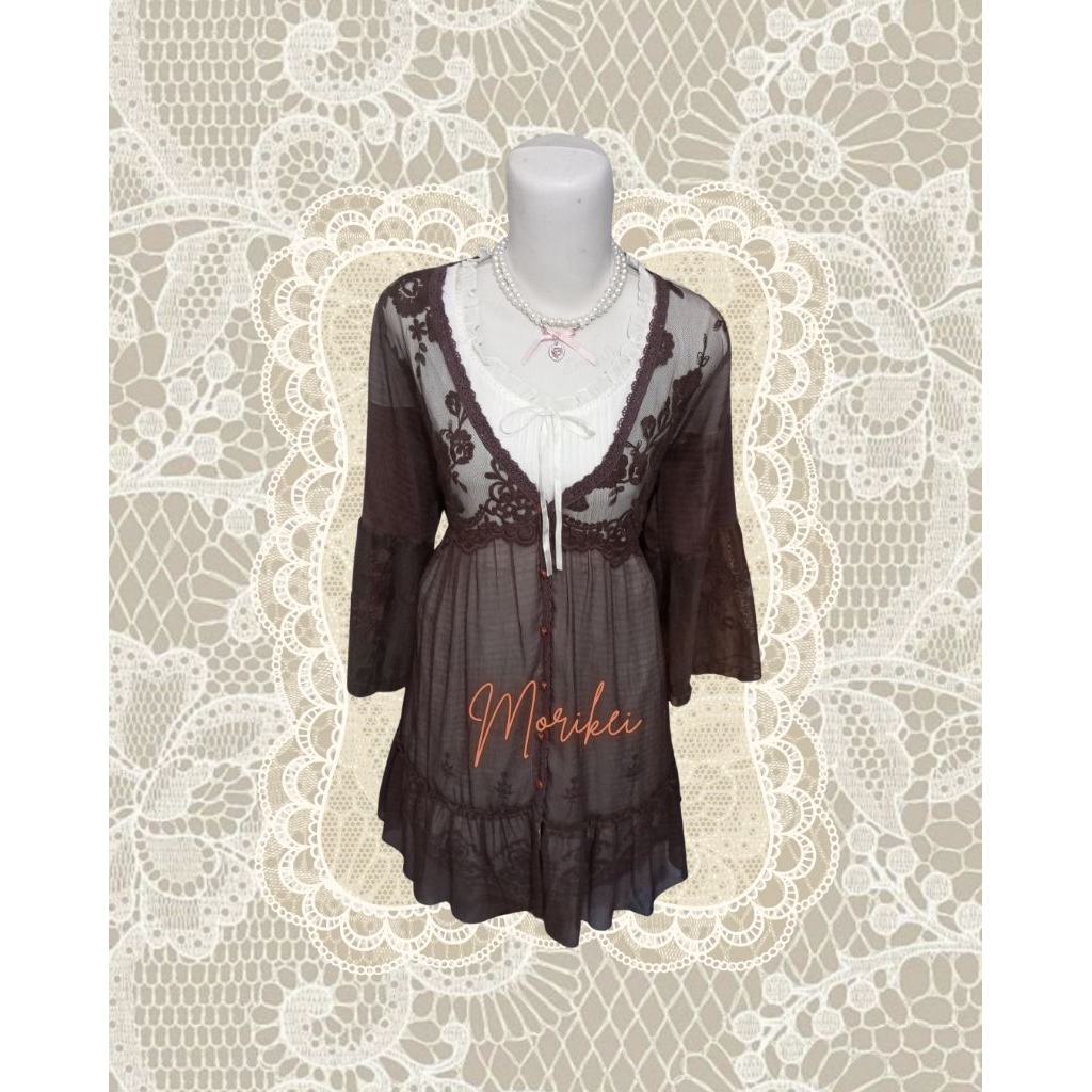 Set Morikei / dress Morikei / outer morikei vintage brown white / lace outer / lace dress