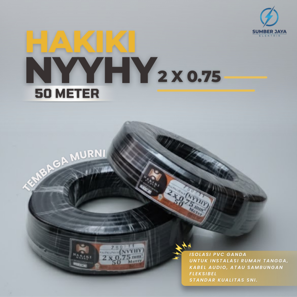 HAKIKI Kabel NYYHY 2x0.75mm - Serabut Hitam Lentur SNI LMK