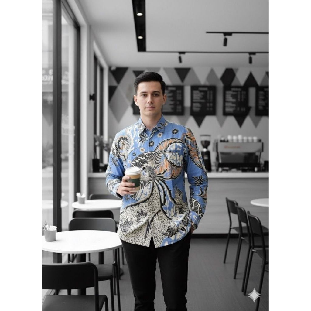 Phoenix Baby Blue Kemeja Batik Pria Slimfit Full Furing Lengan Panjang Warna Baby Blue