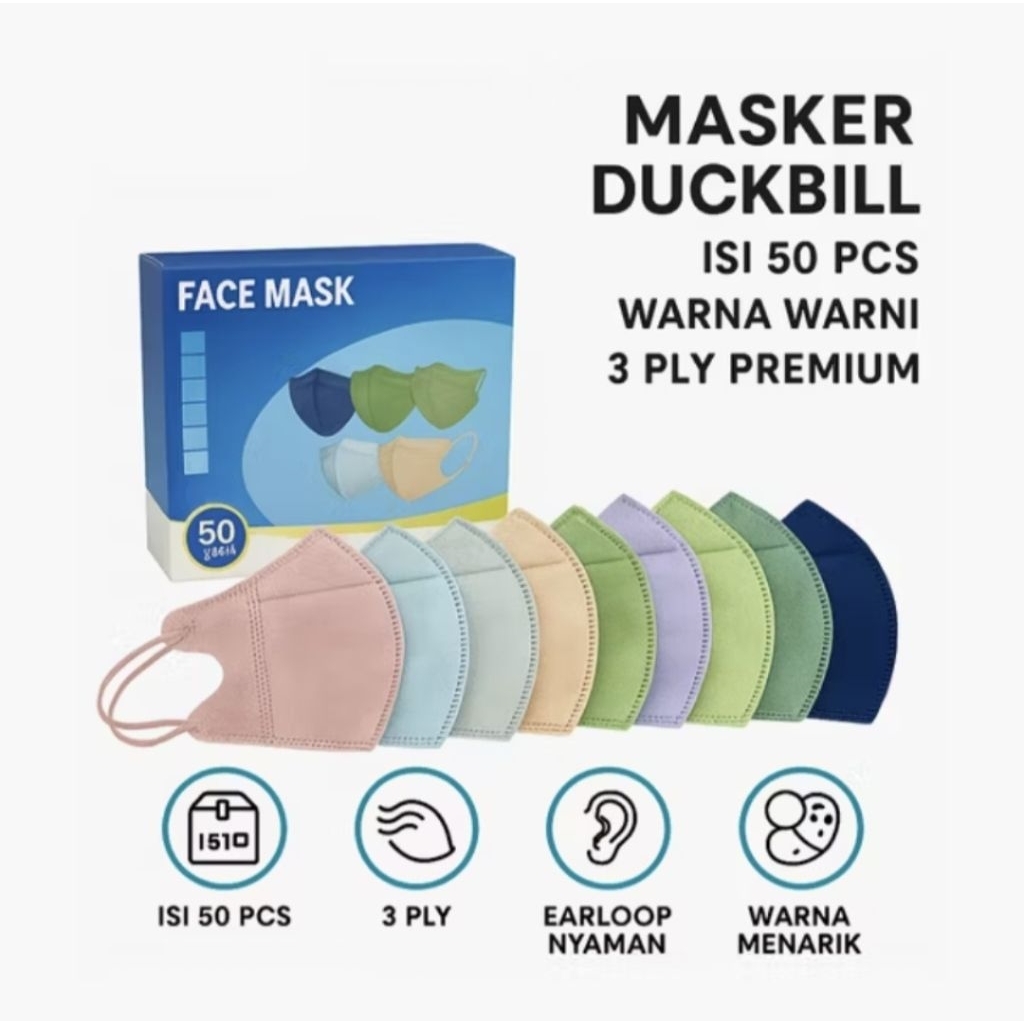 Masker Duckbill 50 Pcs Warna Warni Hitam Putih Facemask 1 Box Mix Warna Dewasa
