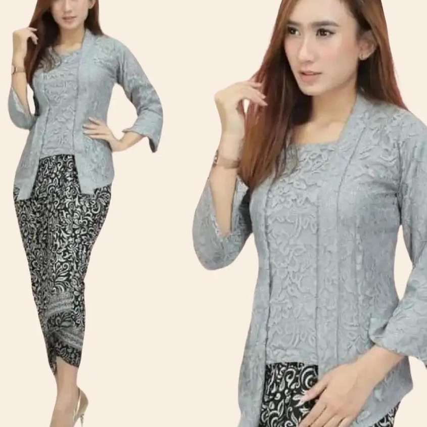 Set Kebaya Wanita Model Kutubaru Modern Bahan Brukat Full Puring Warna Silver