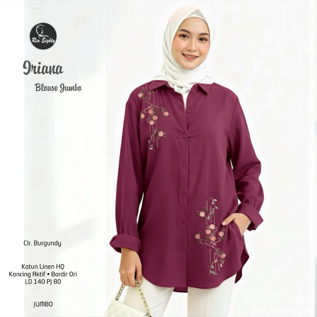 burgundy Iriana Kemeja SUPER JUMBO LD 140 Blouse oversize bordir cantik / riaeighty