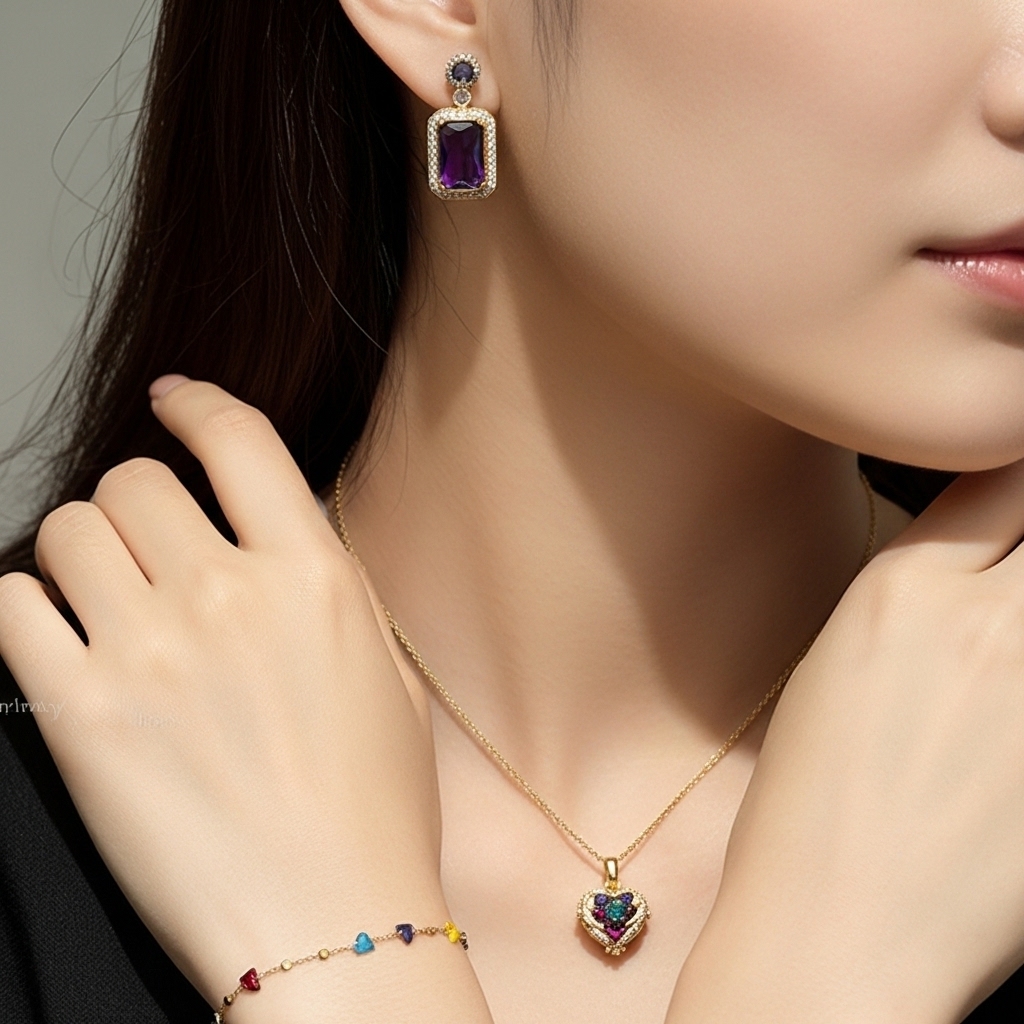 Koleksi Aksesoris Wanita Titanium Set Kalung Love Ungu Rantai Nuri Gelang Manik Pelangi dengan Antin