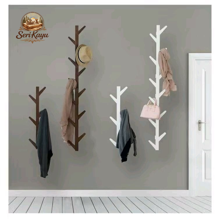 Rak Gantungan Baju Tempel Dinding Kayu Jati – Hanger Jaket Tas Topi Minimalis Modern