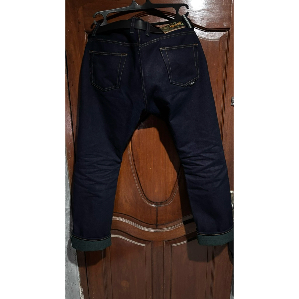 Celana denim selvedge Versal Virazor 17oz indigo x green