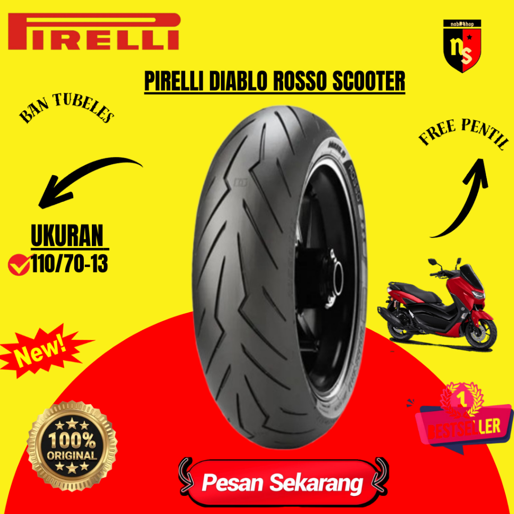 Ban Pirelli NMax 110/70-13 Diablo Rosso Scooter Tubeless Untuk Ban Depan Nmax Bonus Pentil