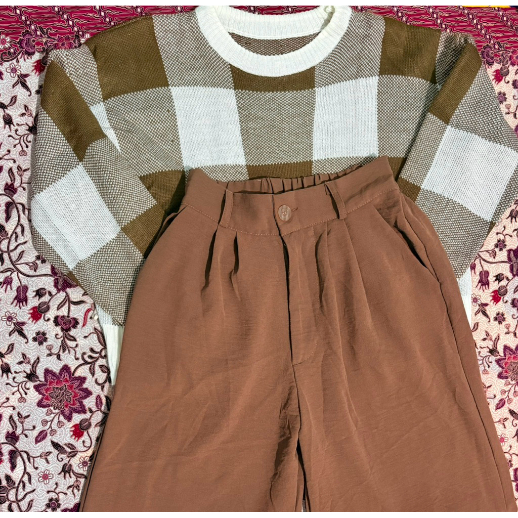 Set atasan dan bawahan (sweater rajut&celana panjang highwaist) wanita (brown)