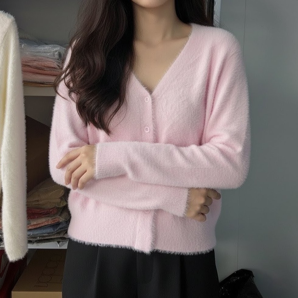 Knit Cardigan Bulu Halus V-Neck / Atasan Wanita Rajut Fuzzy Premium / Outer Wanita Lengan Panjang