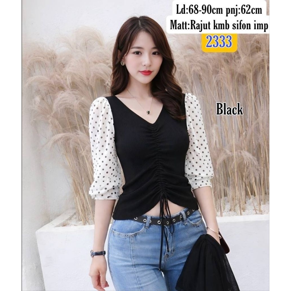 2333 Atasan Rajut Wanita Lengan Sifon Polkadot - Ruched Top Serut Depan Import - Blouse Korea