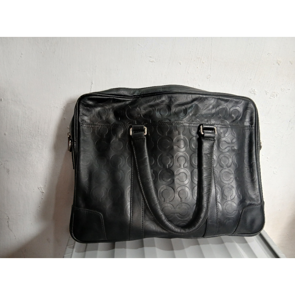 tas laptop kerja sling pria cowo brand Coach hitam black full leather kulit LIKE NEW preloved