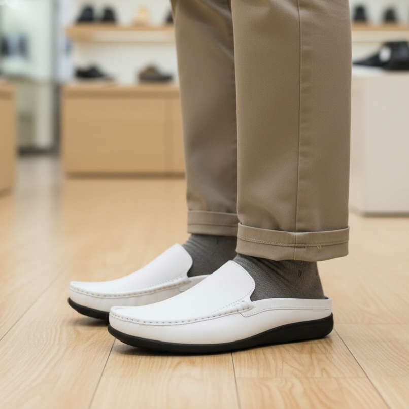 Sandal Selop Pria Kulit Asli Bustong Putih Polos Handmade - Big Size 38-46 Jumbo