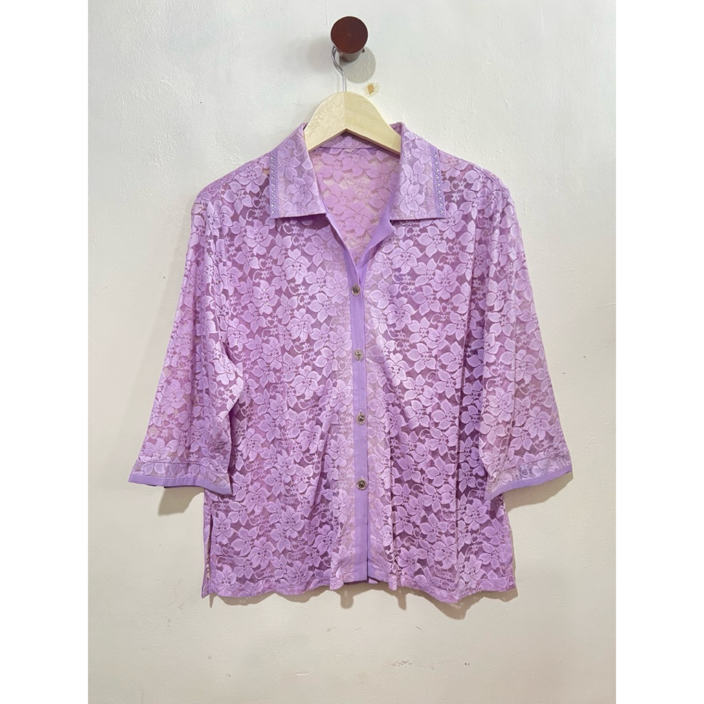 sheer lilac lace top model blazer outer kebaya kerah ungu brukat bunga