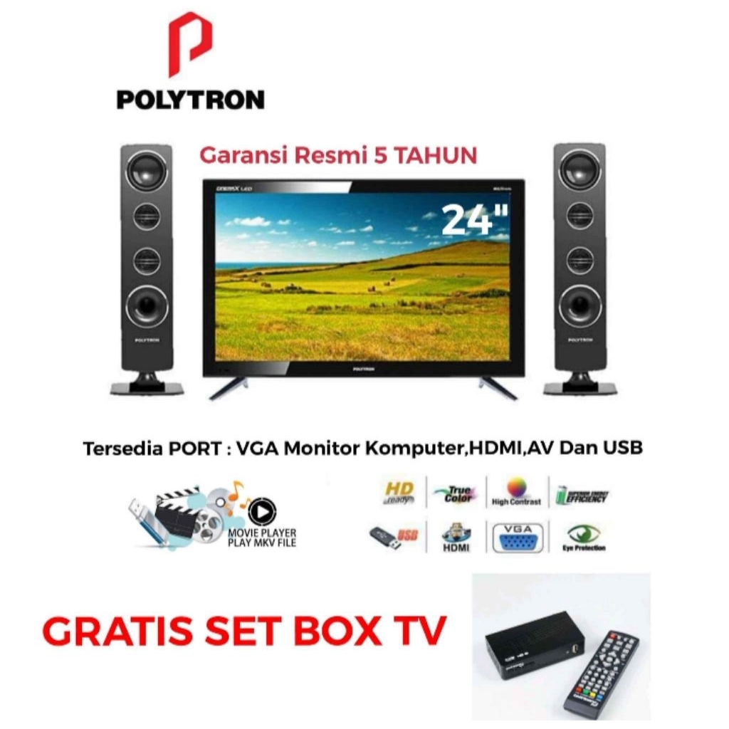 FREE SET BOX LED TV POLYTRON + Monitor Komputer 24 Inch - HD TV PLD24T8511 USB HDMI VGA AV PORT