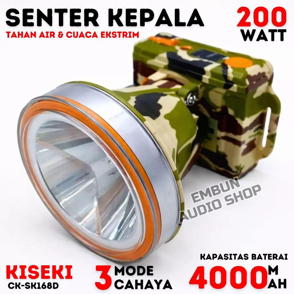 Senter Kepala LED KISEKI CK-SK168D 200W Outdoor Headlamp LED 4000mAh Bisa Cas Ulang Kabel Type C Wat