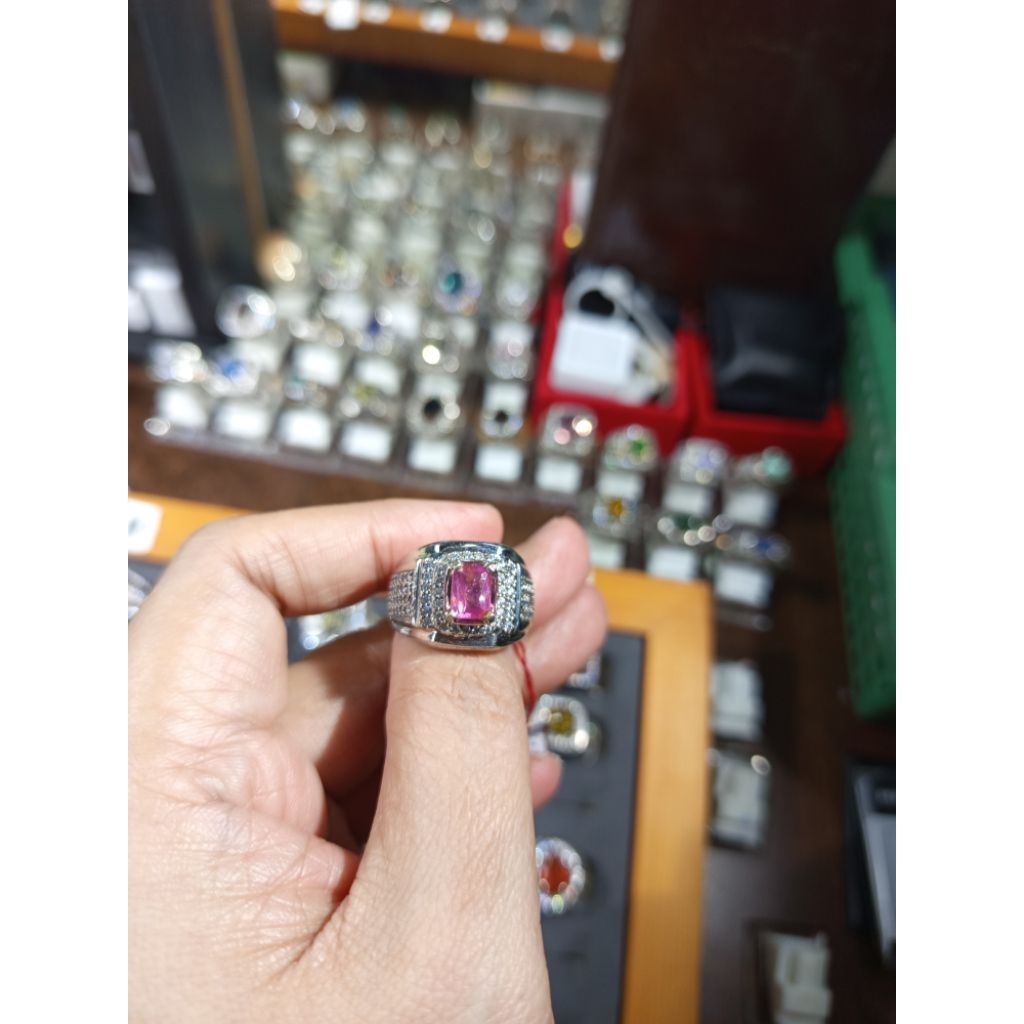 natural batu permata pink spinel cincin perak pria