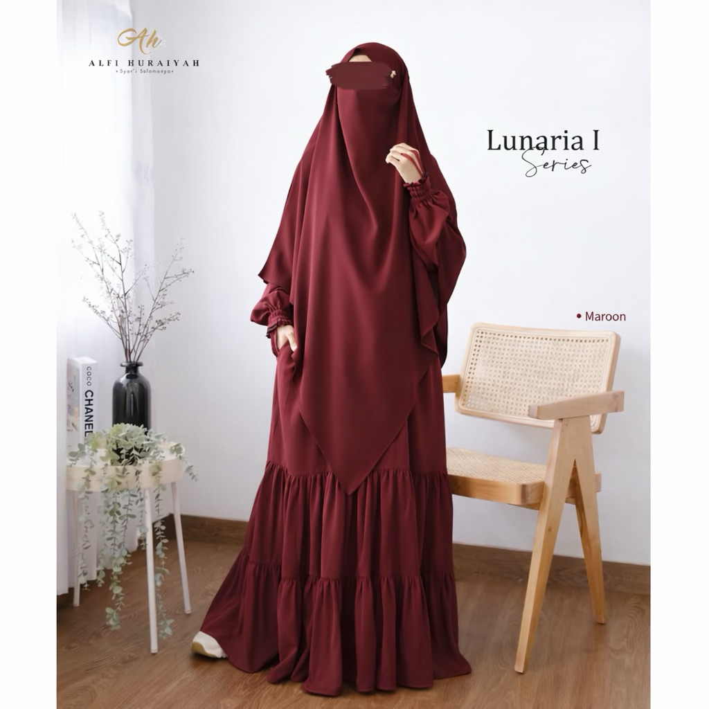 Set Setelan Gamis Lunaria 1 Alfi Huraiyah Maroon Fk French Khimar Cadar Instan Gamis Umpak Rempel Le