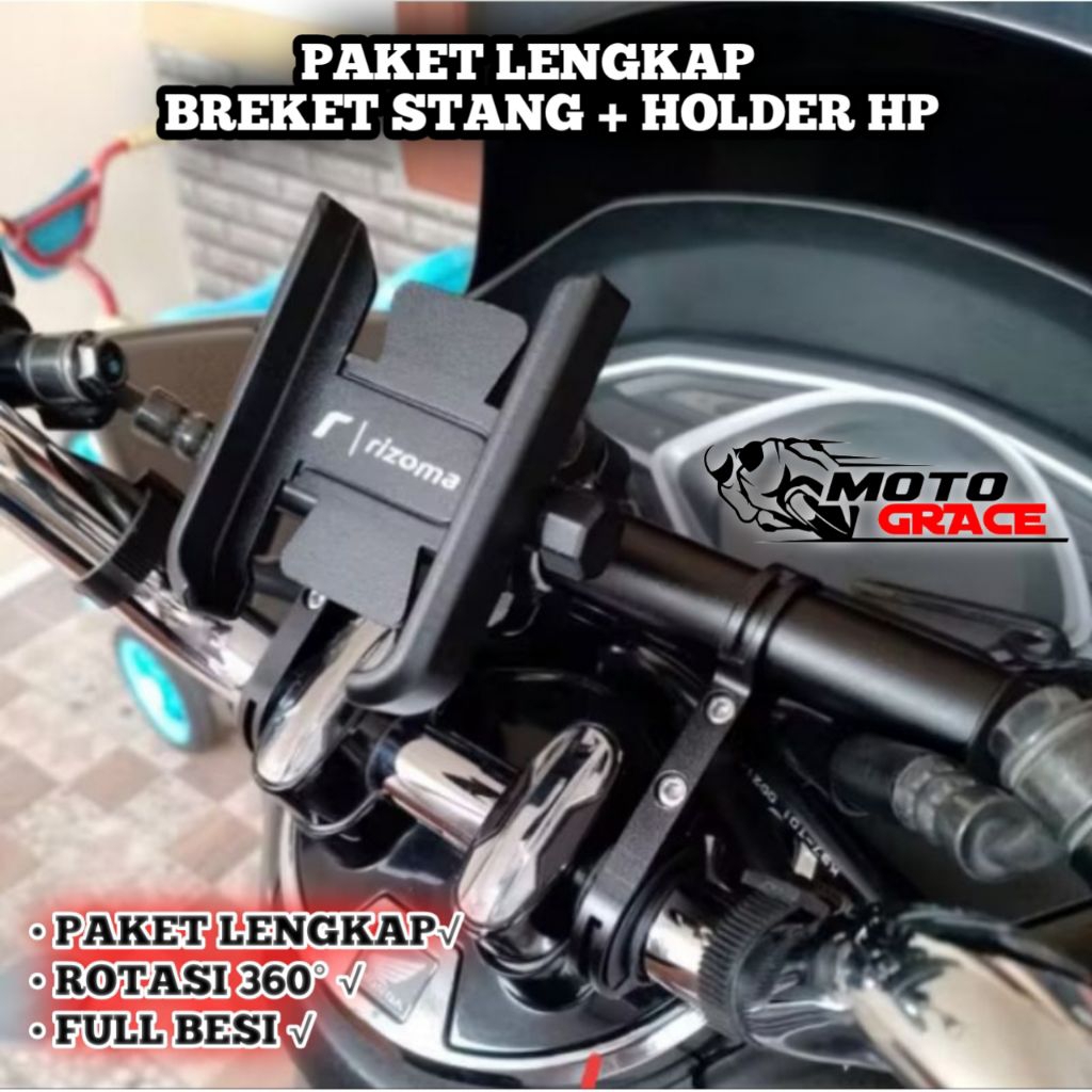 HOLDER HP Motor Full Besi Paket Lengkap + Breket Peninggi Stang bulat Adv, Pcx, Vixion, Beat street,