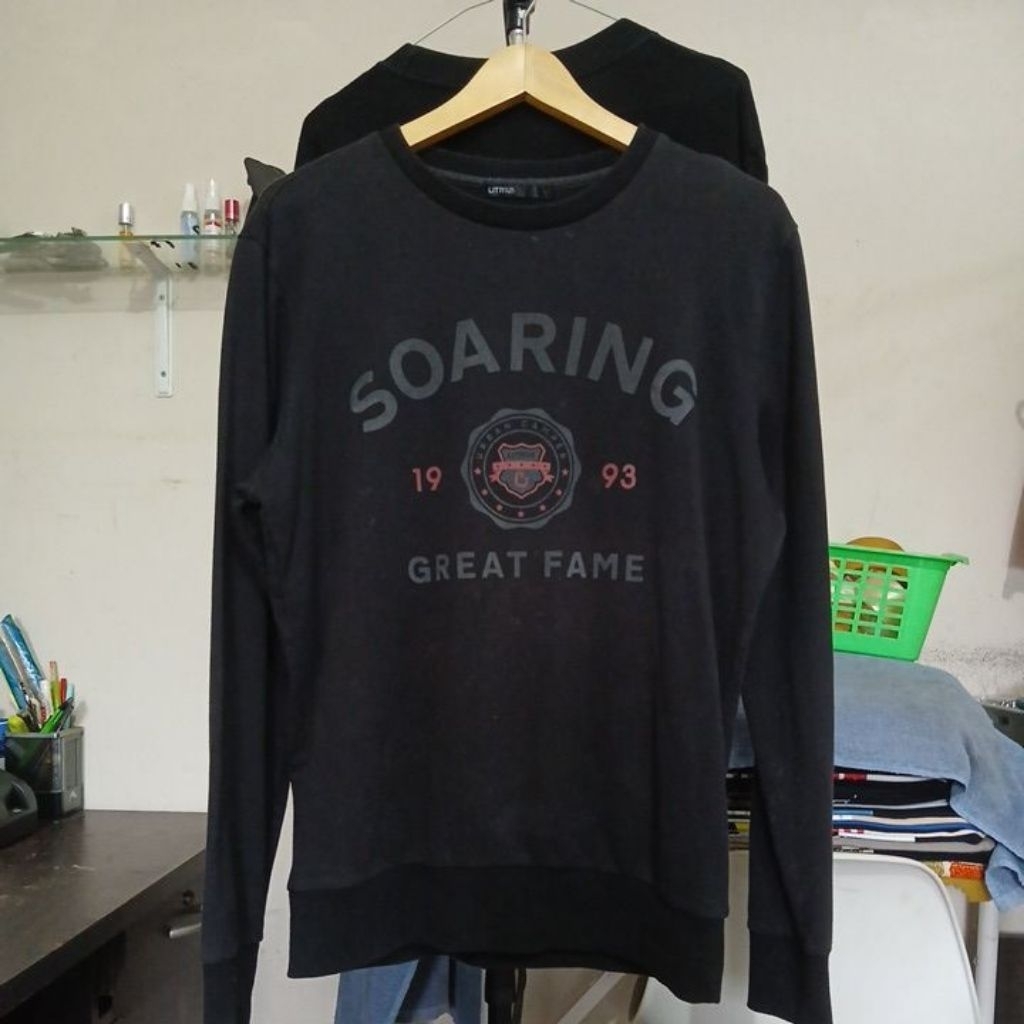 Kaos Crewneck lengan panjang bahan katun tebal warna hitam pekat kerah kencang LITMUS second Origina