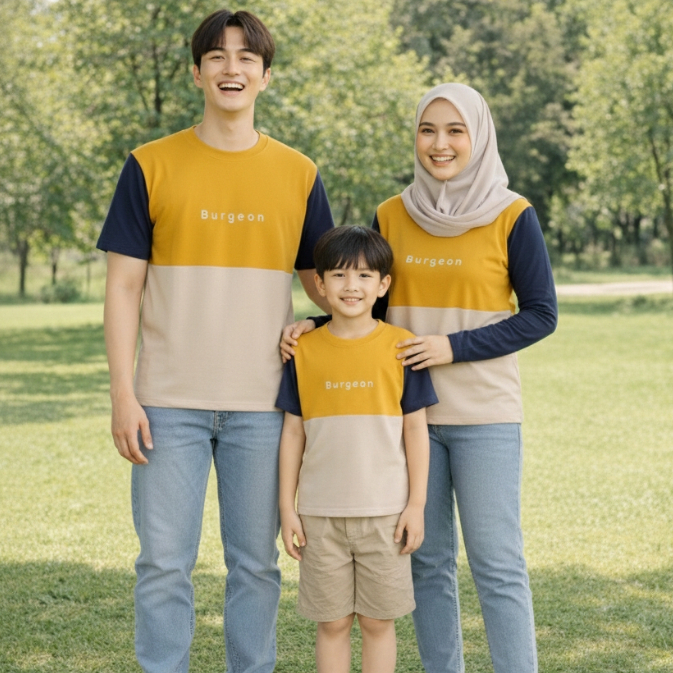 (PREMIUM QUALITY) NAVY - MUSTARD - LIGHT BROWN (BURGEON) KAOS KOMBINASI SABLON : KAOS COUPLE KELUARG