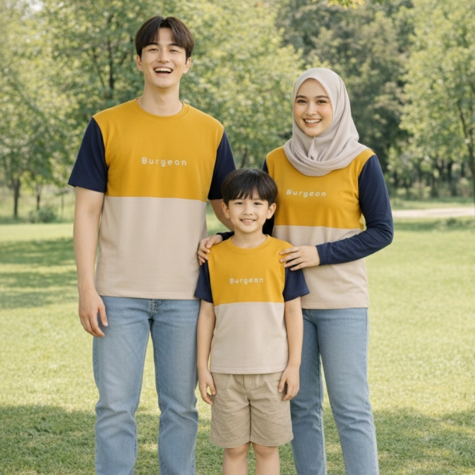 (PREMIUM QUALITY) NAVY - MUSTARD - LIGHT BROWN (BURGEON) KAOS KOMBINASI SABLON : KAOS COUPLE KELUARG