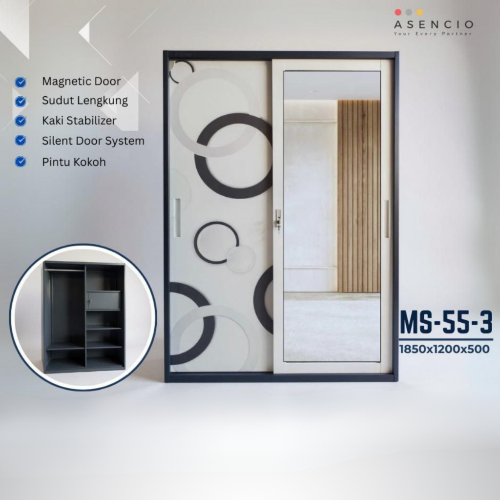 Asencio Lemari Sleding Besi Plat MS-55 MS-15 2 Pintu Cermin Tempat Pakian