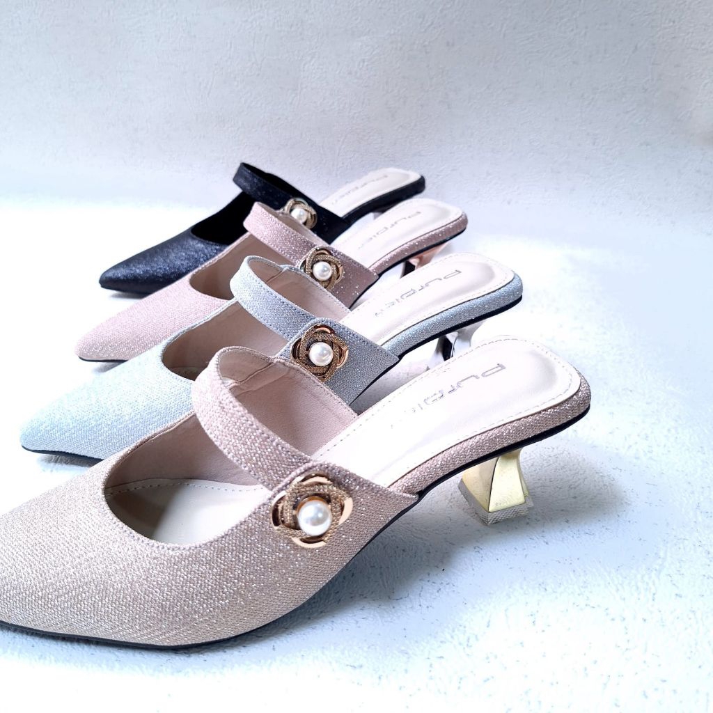 Purple Shoes - Maya Slip On High Heels Pesta Wanita Hak Lancip 5 cm Silver Gold Salem Hitam