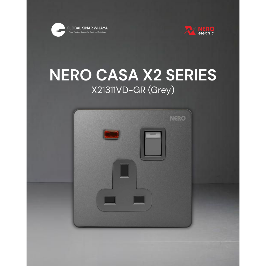 Nero CASA X21311VD-GR, 13A 250V~ 1 Gang Switch Socket with Shutter and Neon Indicator (Grey)