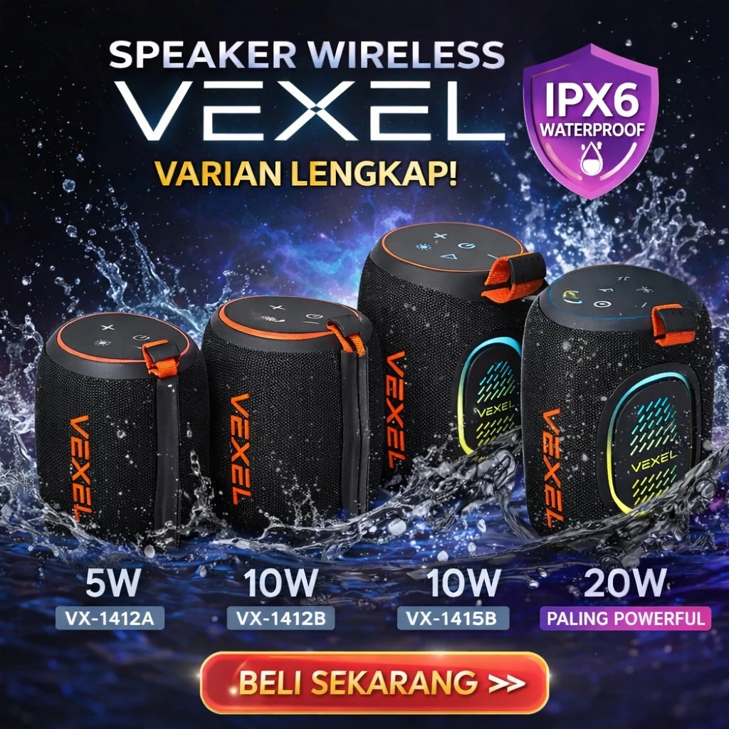 Vexel Speaker Bluetooth Portable Super Powerfull Bass Tahan Air Waterproof IPX6 | TWS