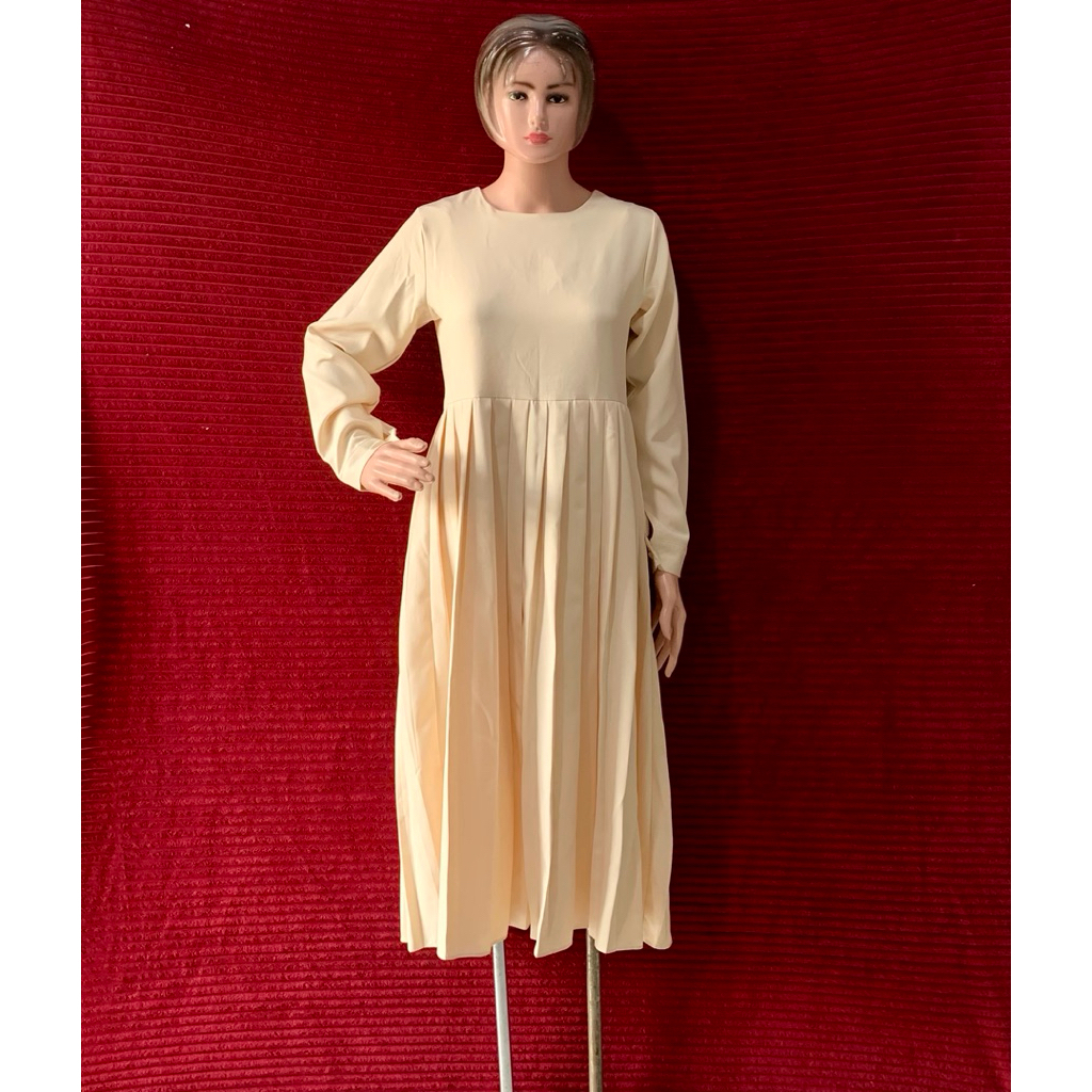 DRESS PLISKET ELEGANT CASUAL KEKINIAN WANITA LENGAN PANJANG